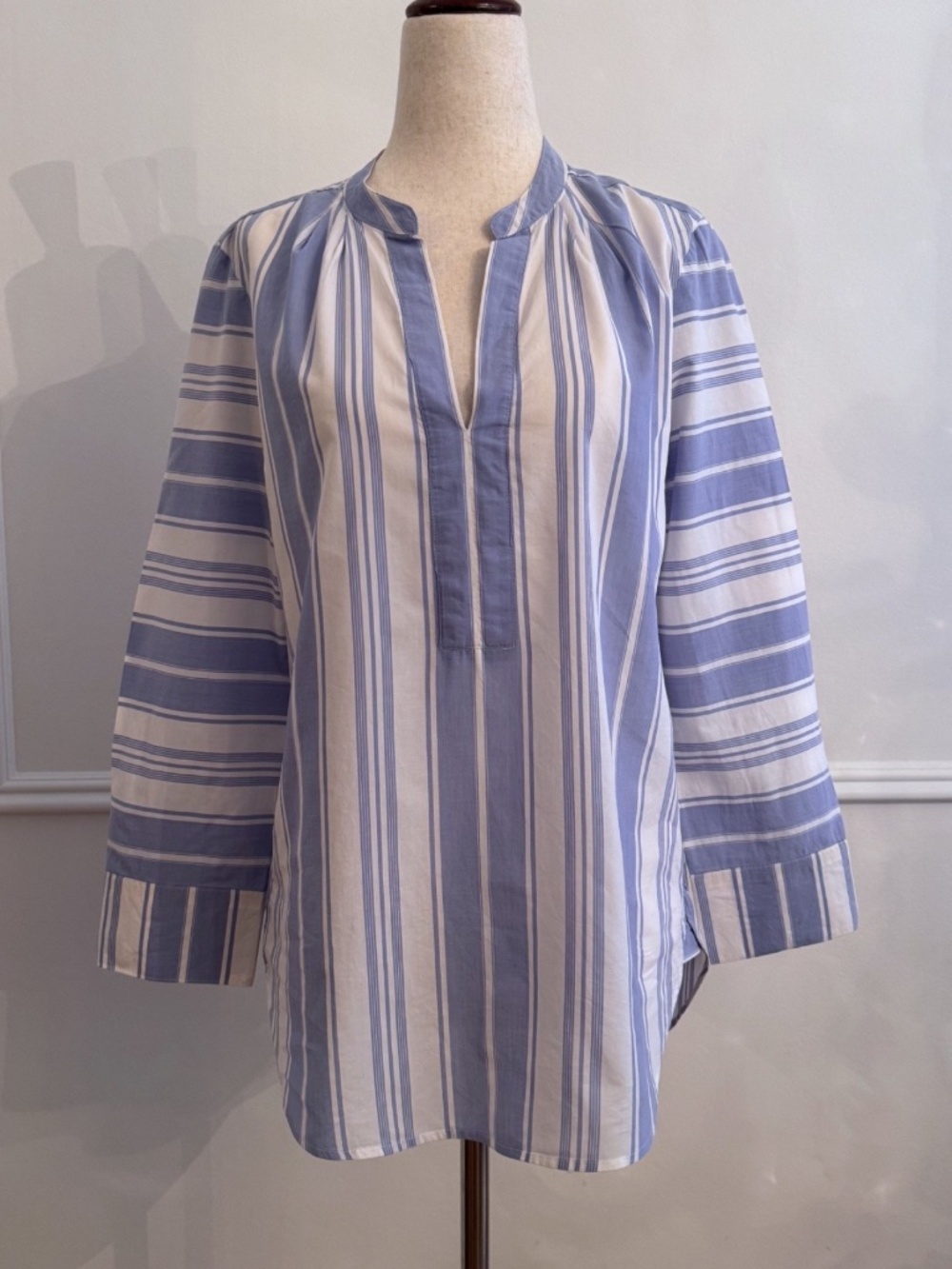 J.Crew Blue White Striped Popover Tunic Split Neck Long Sleeve XS